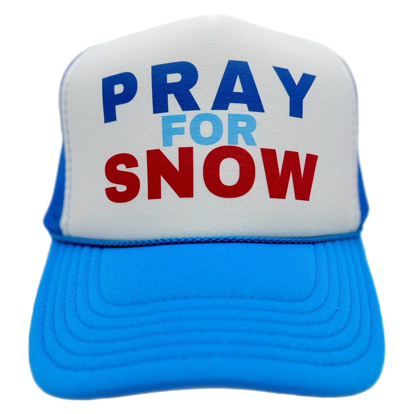 “Pray for Snow” retro foam trucker hat with mesh back and snap closure—perfect for ski lovers, snowboard trips, winter vacations, and après-ski style.