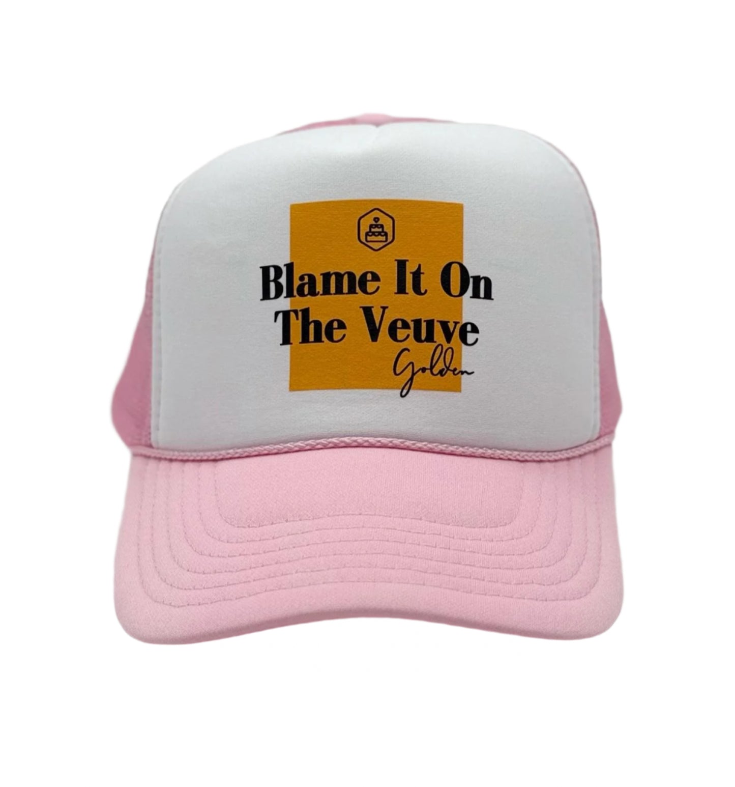 “Blame It on the Veuve” champagne-themed trucker hat with foam front and mesh back—perfect for birthday parties, bachelorette weekends, and celebratory toasts.