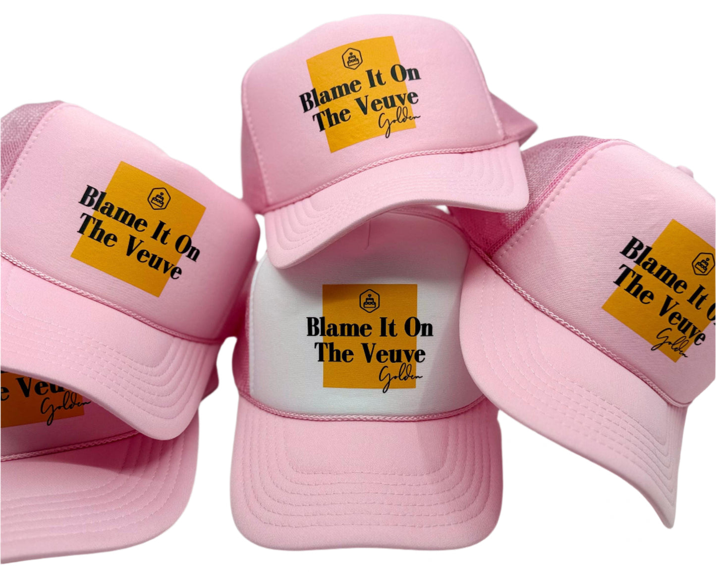 “Blame It on the Veuve” champagne-themed trucker hat with foam front and mesh back—perfect for birthday parties, bachelorette weekends, and celebratory toasts.