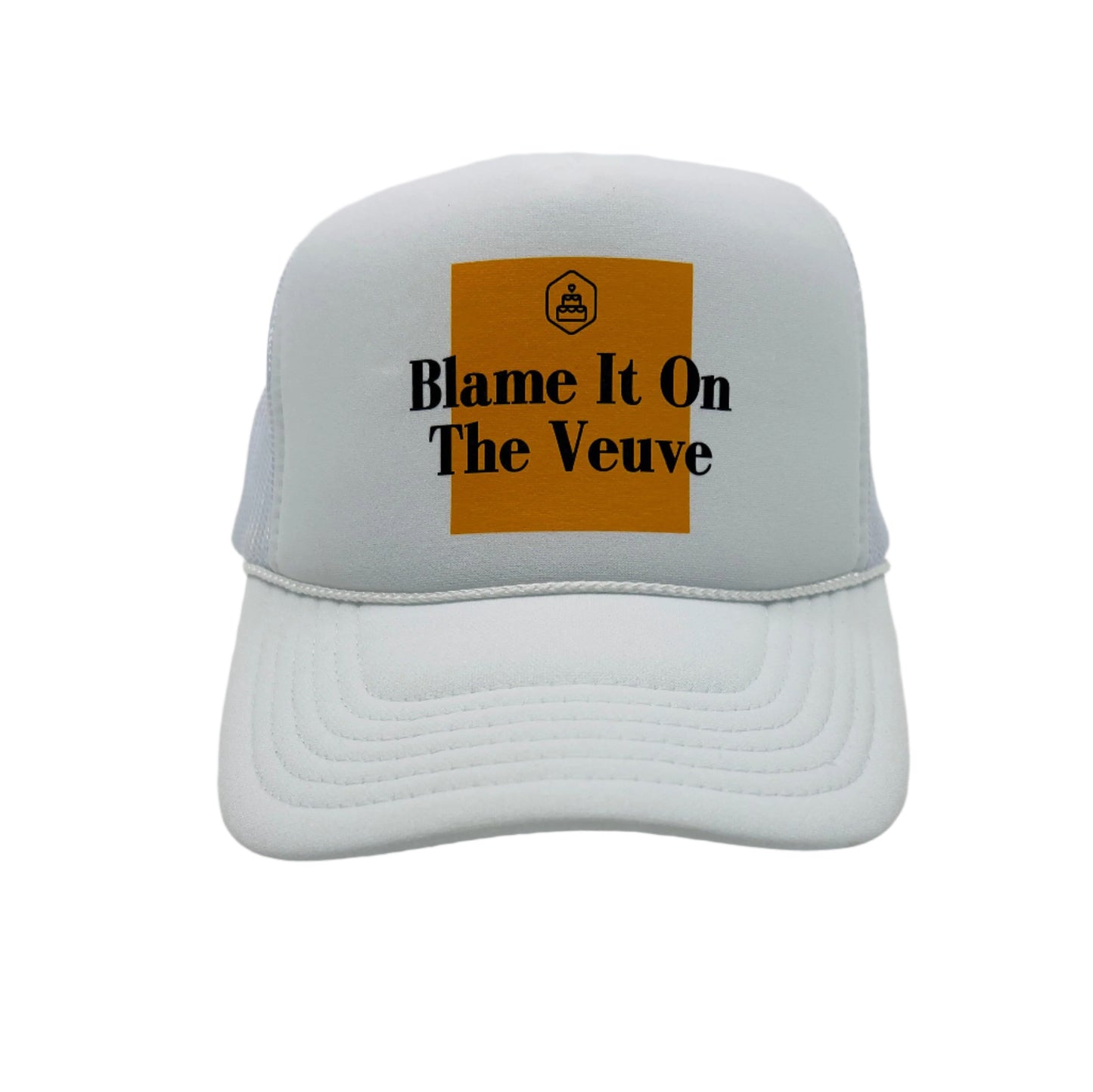 “Blame It on the Veuve” champagne-themed trucker hat with foam front and mesh back—perfect for birthday parties, bachelorette weekends, and celebratory toasts.