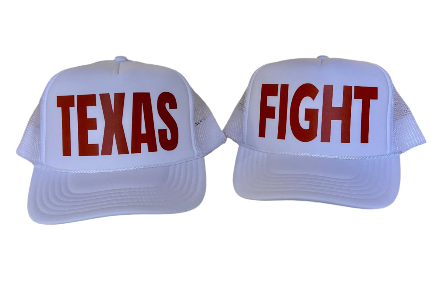 Foam trucker hat featuring bold “Texas” or “Fight” lettering, mesh back, and snap closure—ideal for Longhorn fans, tailgates, game days, and Texas spirit wear.
