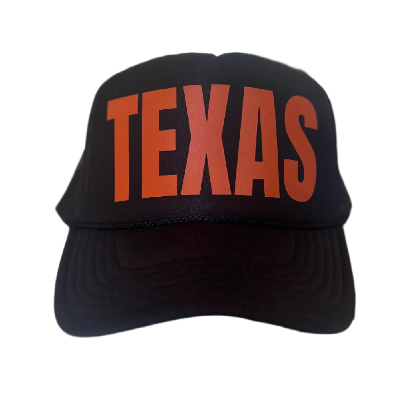 Foam trucker hat featuring bold “Texas” or “Fight” lettering, mesh back, and snap closure—ideal for Longhorn fans, tailgates, game days, and Texas spirit wear.