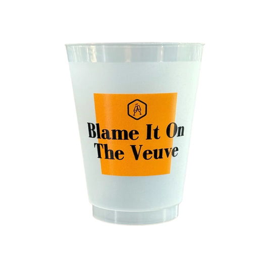 Pack of 10 shatterproof 16 oz frosted plastic cups with “Blame It on the Veuve” design—ideal for champagne toasts, birthdays, bachelorettes, and festive celebrations.