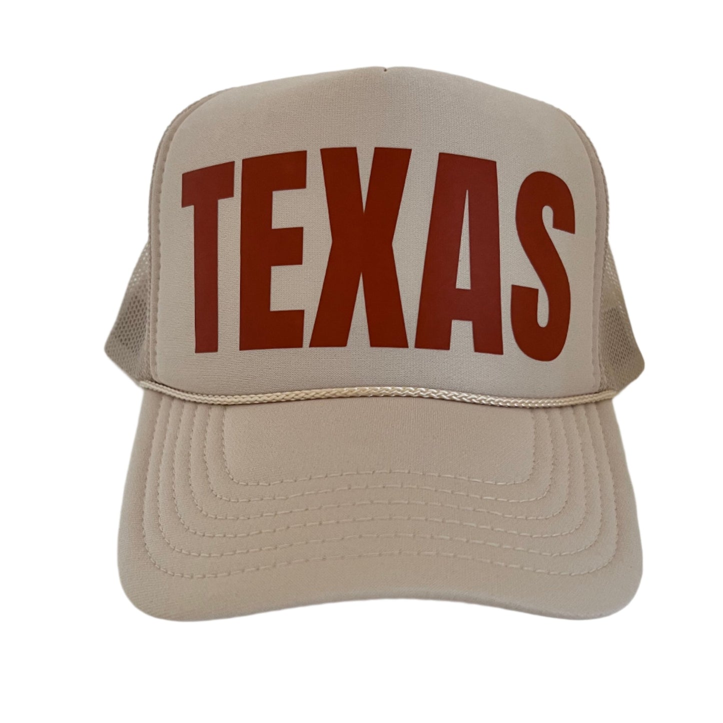 Foam trucker hat featuring bold “Texas” or “Fight” lettering, mesh back, and snap closure—ideal for Longhorn fans, tailgates, game days, and Texas spirit wear.