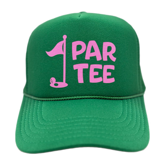 “Par-Tee” golf-themed foam trucker hat with mesh back—fun accessory for golf outings, tournaments, birthdays, and bachelorette or bachelor parties on the course.