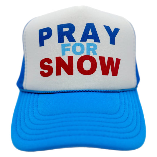 “Pray for Snow” retro foam trucker hat with mesh back and snap closure—perfect for ski lovers, snowboard trips, winter vacations, and après-ski style.