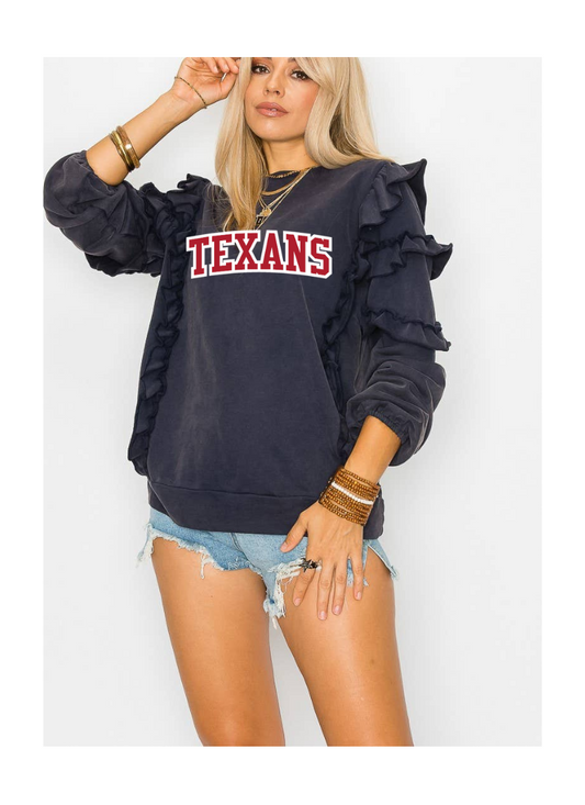 TEXANS Ruffle Sleeve French Terry Washed Sweatshirt