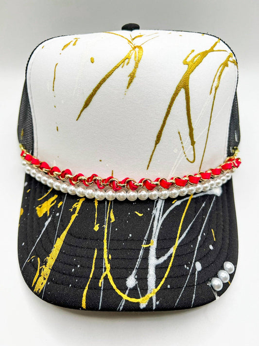 Hat Chain: Red Leather and Pearls Double Chain