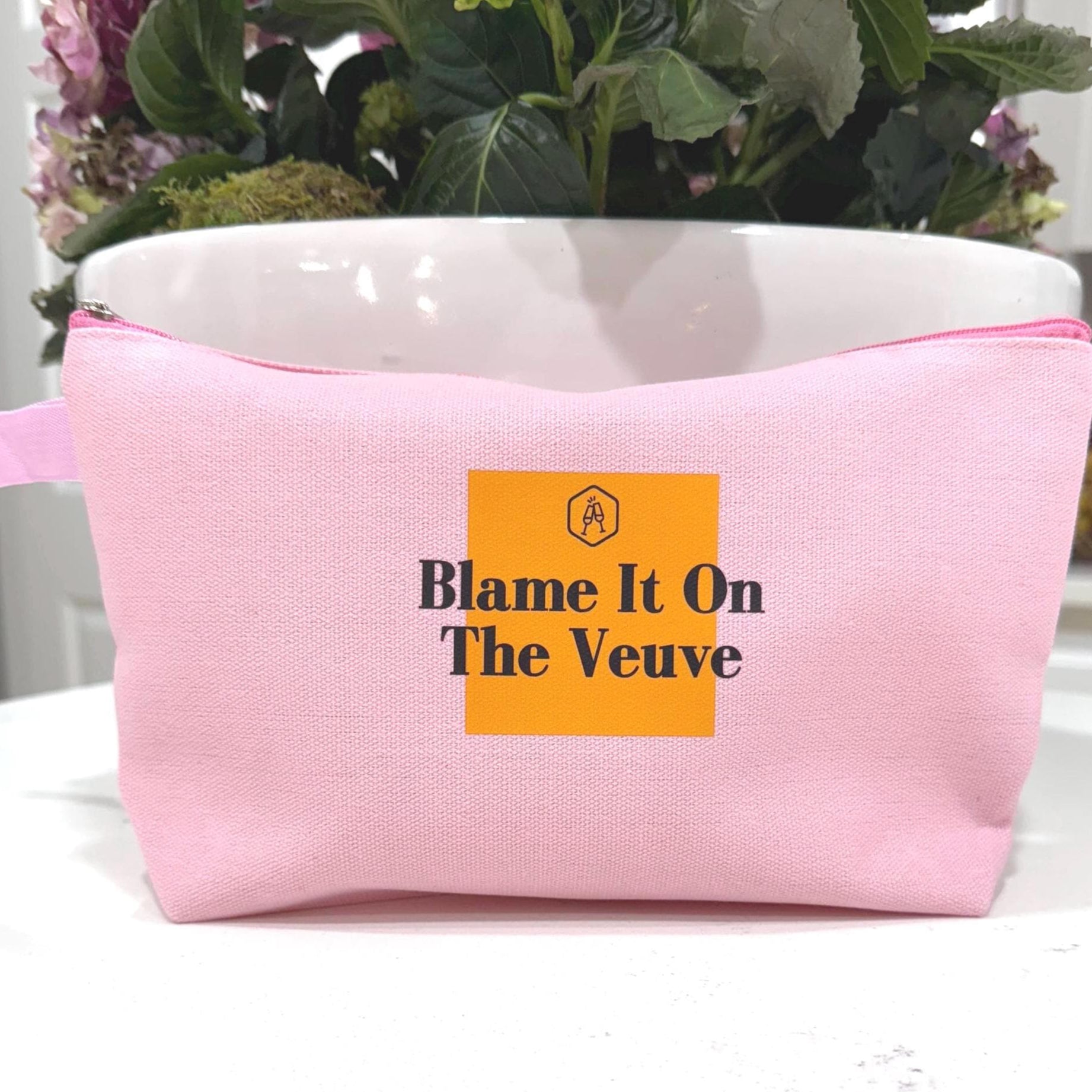 Pink canvas tote bag with “Blame It on the Veuve” graphic—perfect for party favors, champagne lovers, girls’ trips, birthdays, and bachelorette swag.