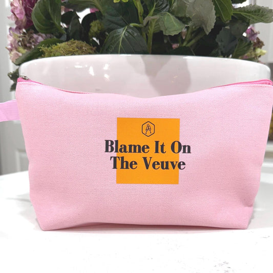 Pink canvas tote bag with “Blame It on the Veuve” graphic—perfect for party favors, champagne lovers, girls’ trips, birthdays, and bachelorette swag.