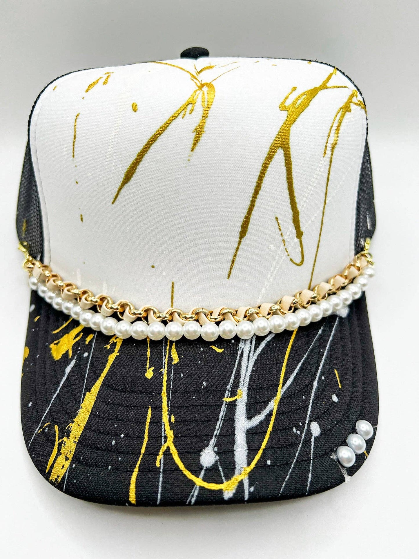 Hat Chain: Beige Leather and Pearls Band