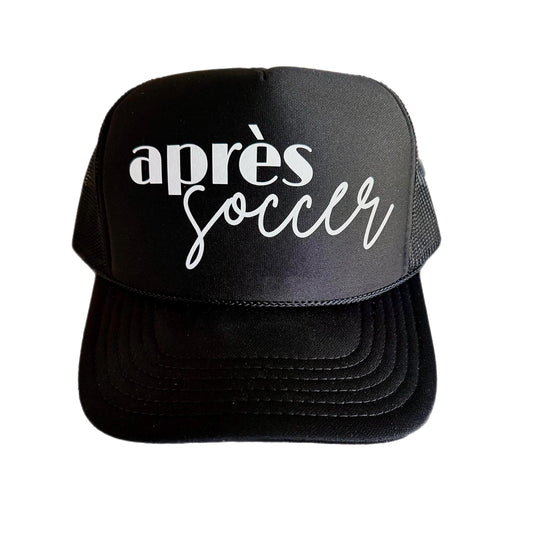 Fun and sporty “Après Soccer” foam trucker hat with breathable mesh back, perfect for post-game hangs, team gifts, and soccer moms with style.