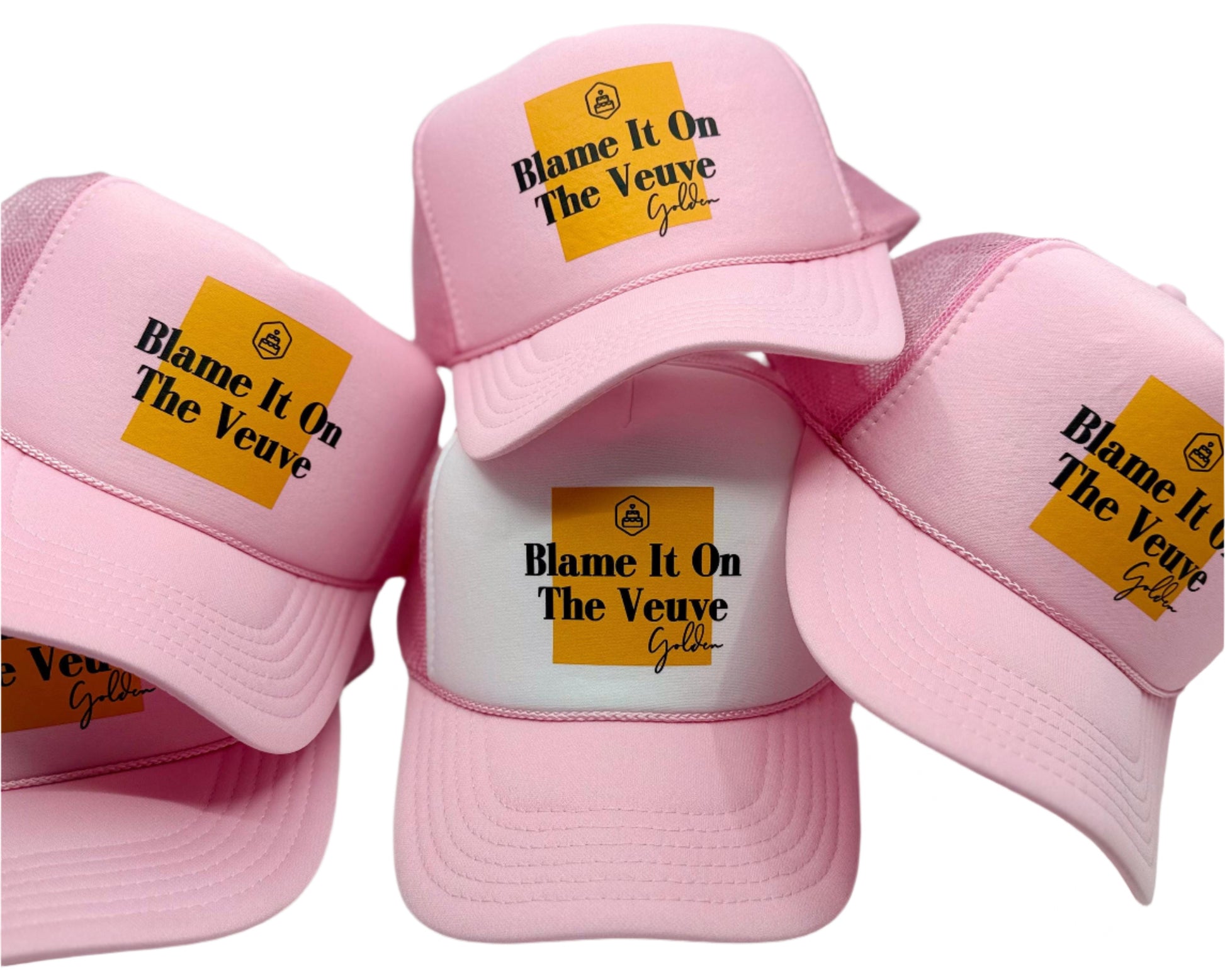 “Blame It on the Veuve” champagne-themed trucker hat with foam front and mesh back—perfect for birthday parties, bachelorette weekends, and celebratory toasts.