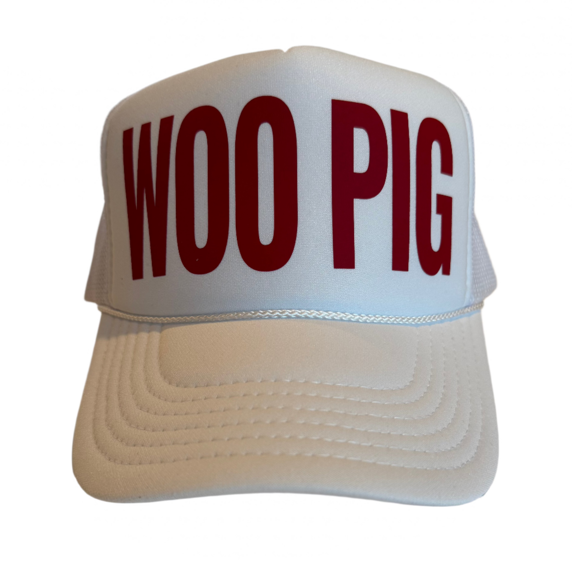 Woo Pig in block font in red on white trucker hat